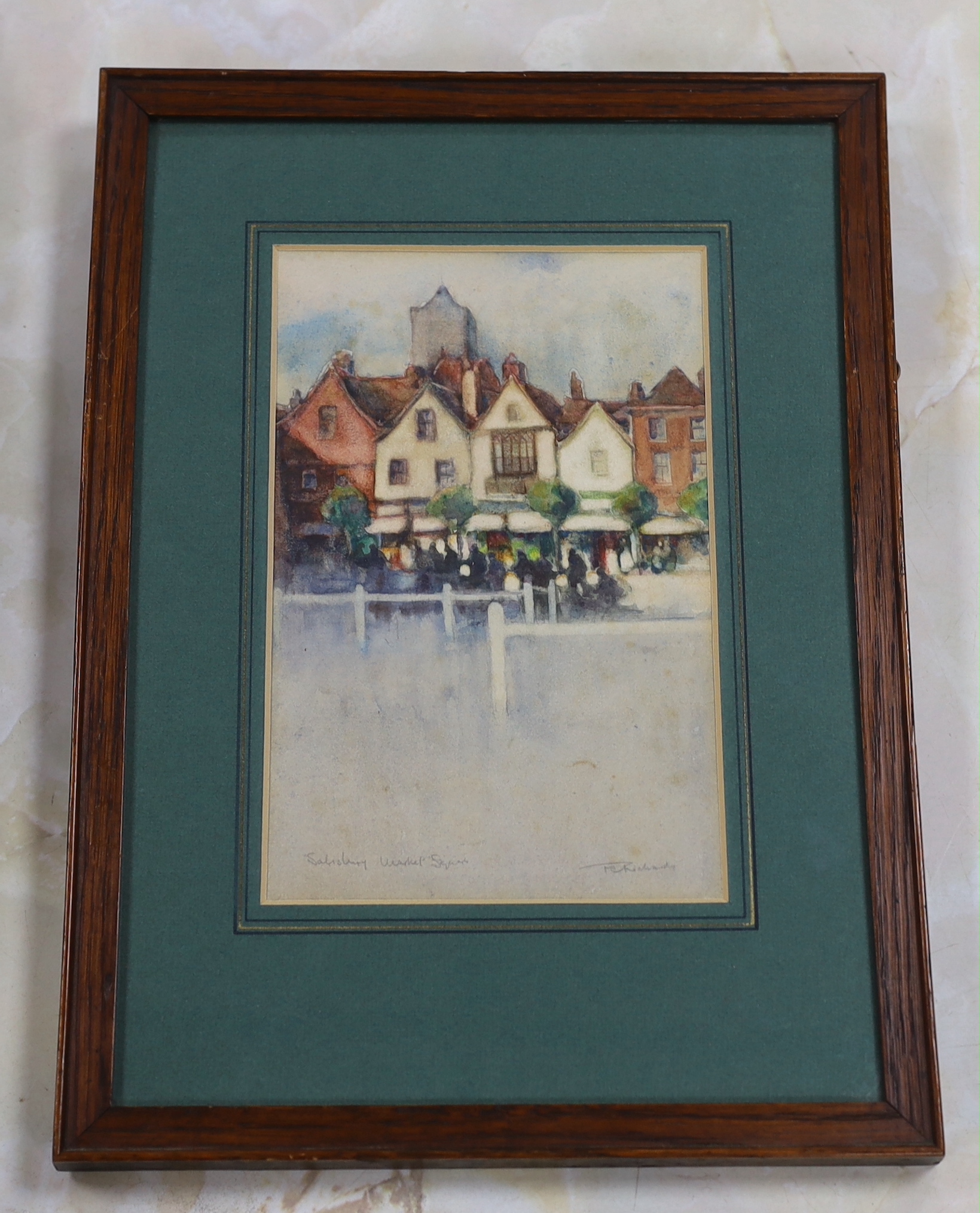 F.E.Richards, watercolour, Salisbury market square, indistinctly signed, 23cm x 14cm